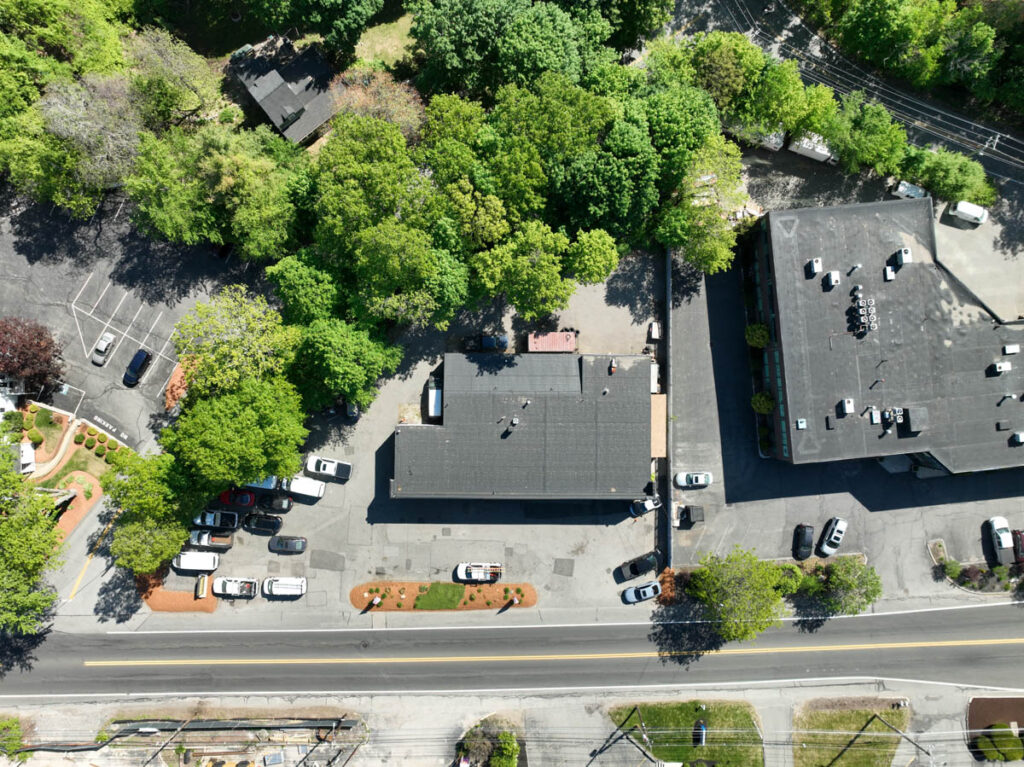 Top-Down Aerial View of Ronnie's Automotive in Billerica, MA. Shot from Drone.