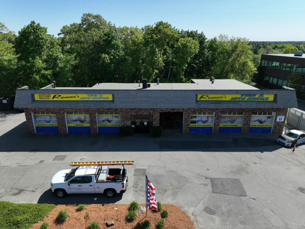 Aerial View of Ronnie's Automotive in Billerica, MA. Shot from Drone.